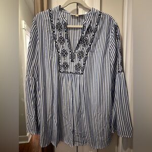 LOFT Blue and White Striped Embroidered Women's Top